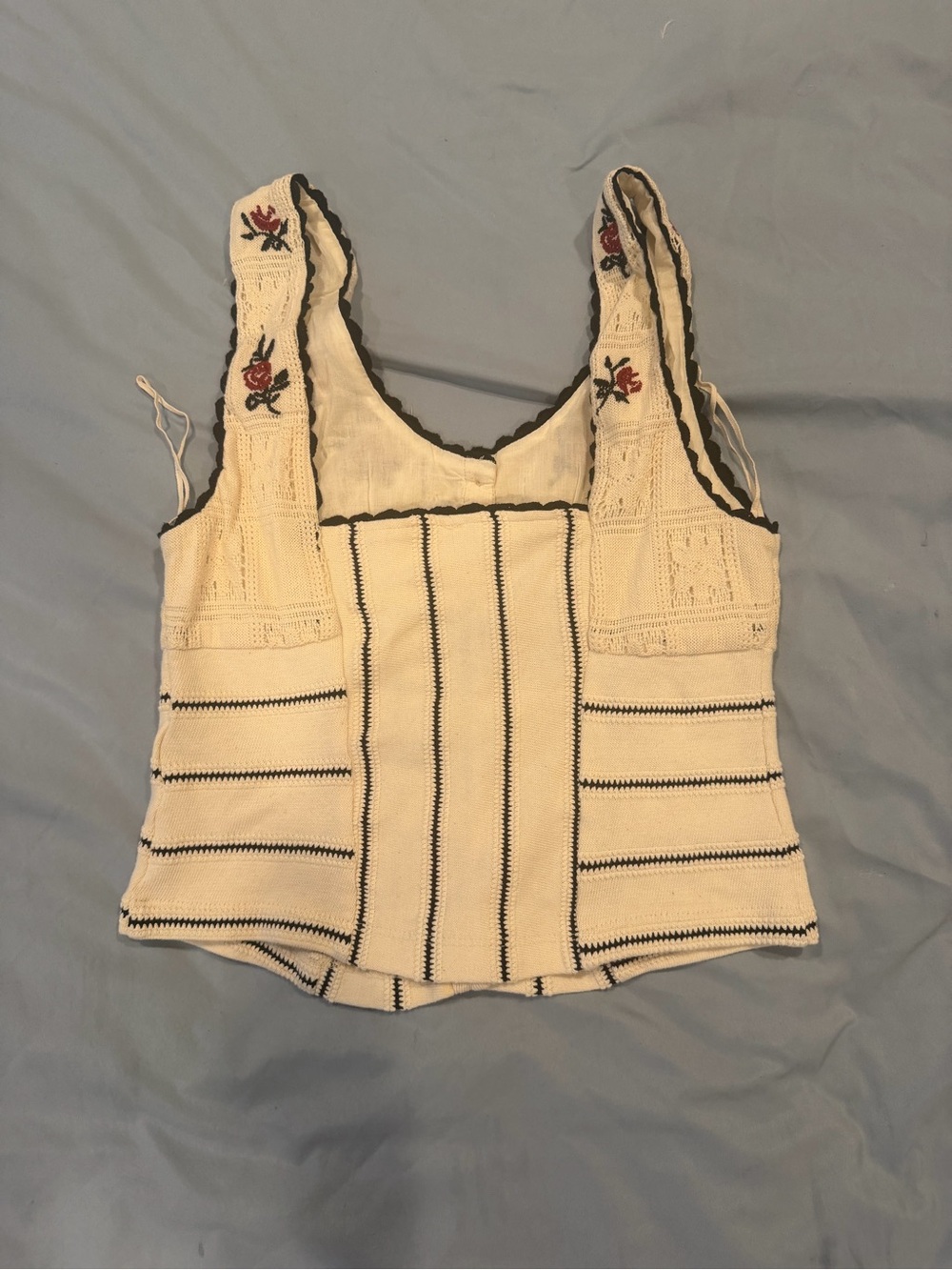 Free People Cream Knit Button-Front Camisole with Red Rose Embroidery - Picture 2 of 2